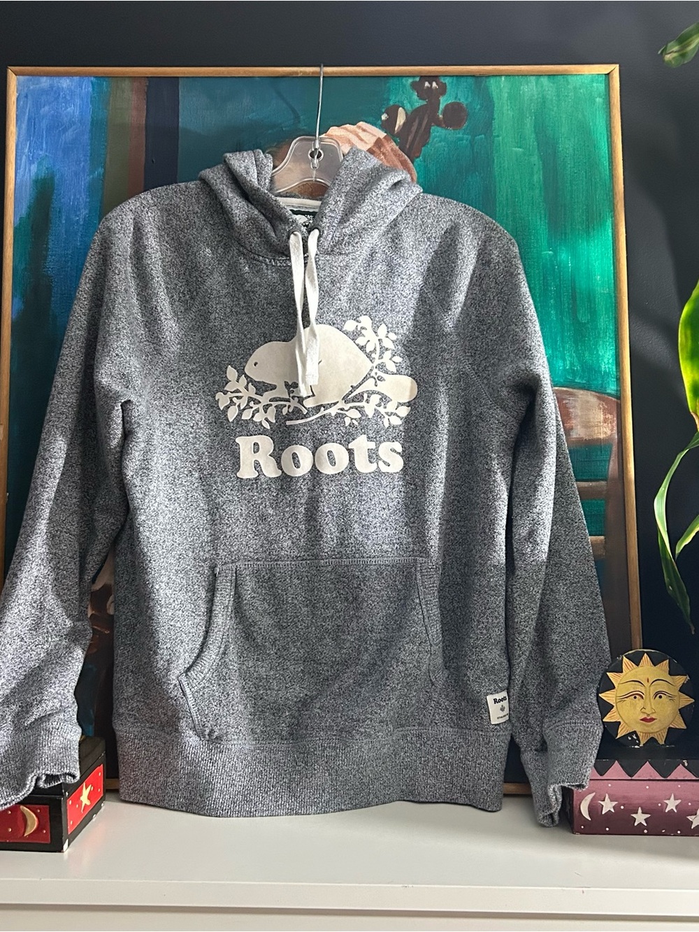 Roots Original Beaver Logo Salt & Pepper Pullover Hoodie Grey M
